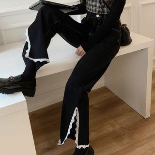 High Waist Lace Trim Loose Fit Jeans
