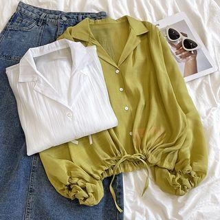 Long-sleeve V-neck Plain Drawstring Chiffon Shirt