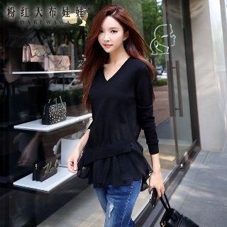 Long-sleeve Chiffon-panel Knit Top
