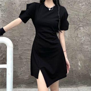 Puff-sleeve Cut-out Asymmetrical Mini Sheath Dress