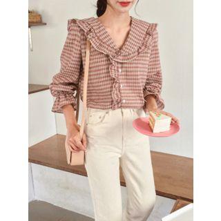Sailor-collar Ruffled Check Blouse