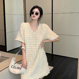 V-neck Plain Plaid A-line Mini Dress Off-white - One Size