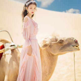 Ruffle Cold-shoulder Maxi A-line Dress