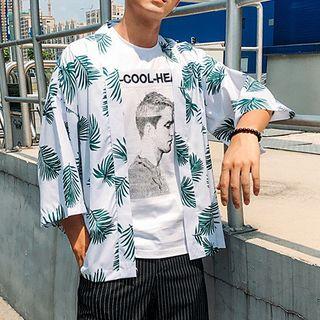 3/4-sleeve Leaf Print Open Front Jacket