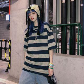 Short-sleeve Wide-stripe T-shirt As Shown In Figure - One Size