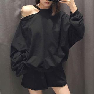 Set: Plain Cut Out Shoulder Pullover + Shorts