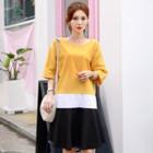 3/4-sleeve Color-block Linen Blend Dress