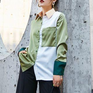Long-sleeve Paneled Satin Shirt