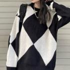 Round Neck Argyle Sweater Rhombus - Black & White - One Size