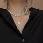 Set: Faux Pearl Necklace + Coin Pendant Necklace Set - Gold - One Size