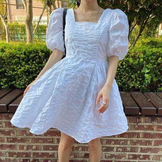 Puff-sleeve Square-neck Crinkled Mini A-line Dress