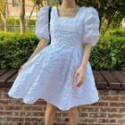 Puff-sleeve Square-neck Crinkled Mini A-line Dress