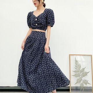 Flower Print Maxi A-line Skirt Purple Floral - Black - One Size