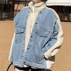 Mock Two-piece Denim Panel Zip Fleece Jacket
