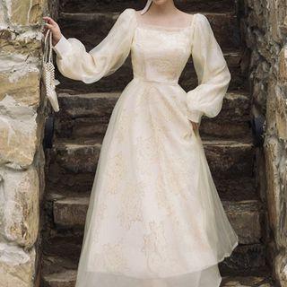 Long-sleeve Square-neck Mesh Overlay Midi A-line Dress