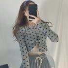 Long-sleeve Pattern Button Knit Top Gray - One Size