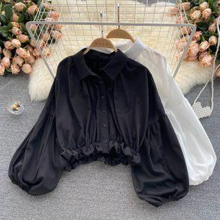 Plain Ruched Hem Puff-sleeve Top