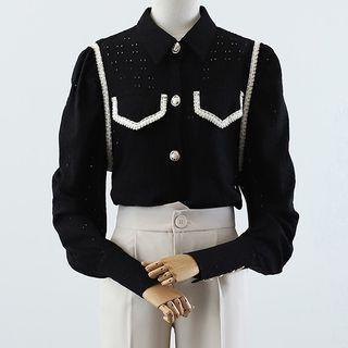 Puff-sleeve Perforated Blouse / Wide Leg Pants