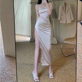 Spaghetti Strap V-neck Satin Slit Dress
