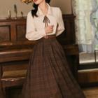 Long-sleeve Collared Bow Blouse / Belted Plaid Maxi A-line Skirt / Set