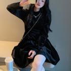 Long-sleeve Plain Velvet Mini A-line Dress Black - One Size