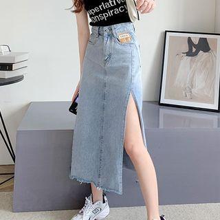 Slit-hem Washed Midi A-line Denim Skirt