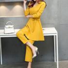 Set: V-neck Long-sleeve Tunic + Cropped Boot Cut Pants