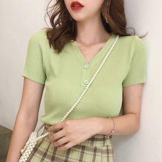 Short-sleeve Buttoned Ribbed Knit Top