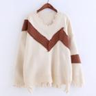 Color Panel Ripped Sweater Off White - One Size