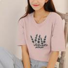 Embroidered Short-sleeve T-shirt Top - Mauve Pink - One Size