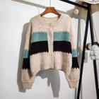 Cropped Round-neck Color-block Cardigan