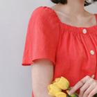 Square-neck Shirred-detail Blouse Red - One Size