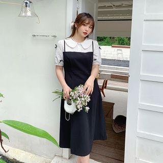 Mock Two-piece Peter Pan Collar Panel Spaghetti-strap Dress