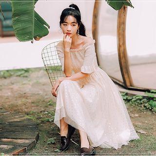 Dotted Off-shoulder Midi A-line Dress