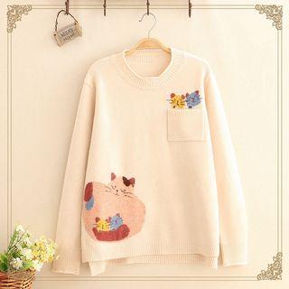 Pocket-front Cat Jacquard Sweater