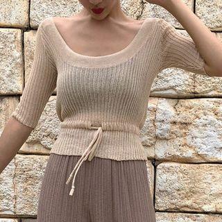 Elbow-sleeve Knit Top Beige - One Size