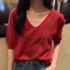 Short-sleeve V-neck Knit T-shirt Red - One Size