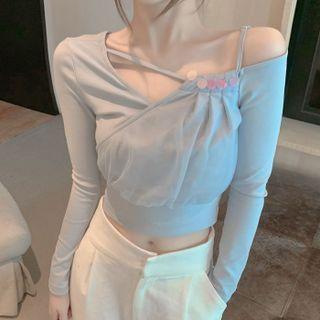Long-sleeve One-shoulder Asymmetric Mesh Panel Top