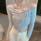 Long-sleeve One-shoulder Asymmetric Mesh Panel Top