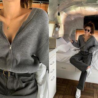 Zip-up Ribbed Cardigan Gray - One Size