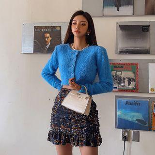 Padded-shoulder Cropped Fluffy Cardigan