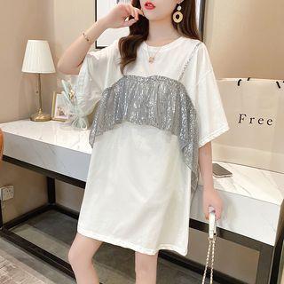 Mock Two-piece Elbow-sleeve Sequin Mini T-shirt Dress