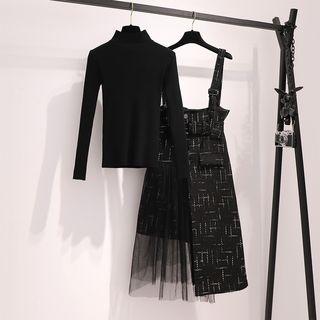 Plain Long-sleeve Knit Top / Plaid Mesh Panel Midi Jumper Dress / Set