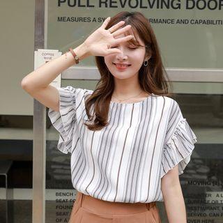 Frilled-trim Striped Silky Blouse