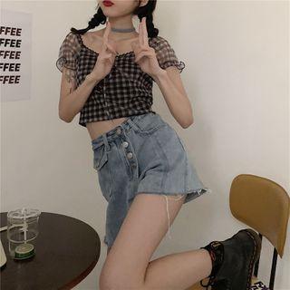 Balloon-sleeve Plaid Blouse / Washed Denim Skort