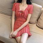 V-neck Bow-accent Striped Slim-fit Mini Dress As Shown In Figure - One Size
