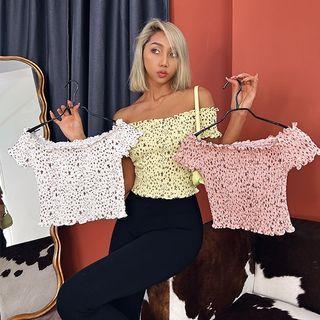 Short-sleeve Off-shoulder Star Print Slim-fit Top