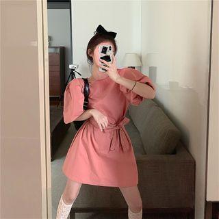 Plain Puff-sleeve Dress Pink - One Size
