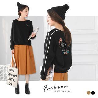 Varsity-striped Embroidery Fleece Pullover