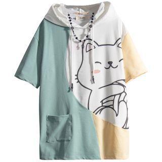 Short-sleeve Hood Color Block T-shirt